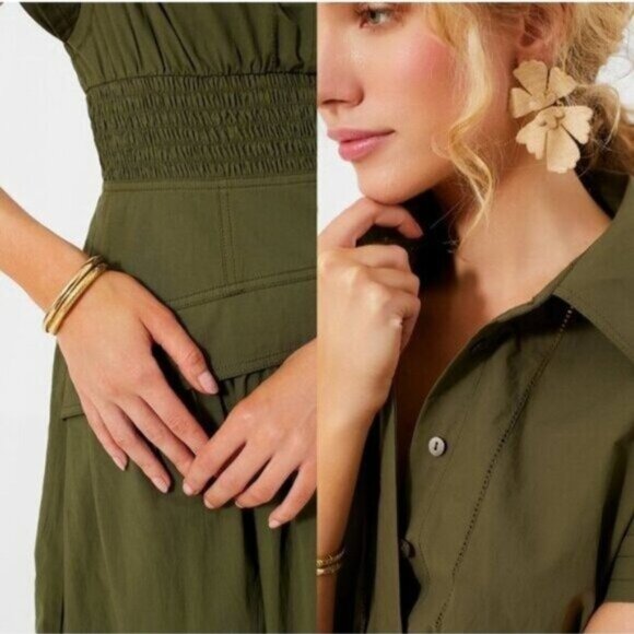 Tuckernuck Cameran Army Green Collared A-Line Midi Shirt Dress Size M NWT - Picture 4 of 12